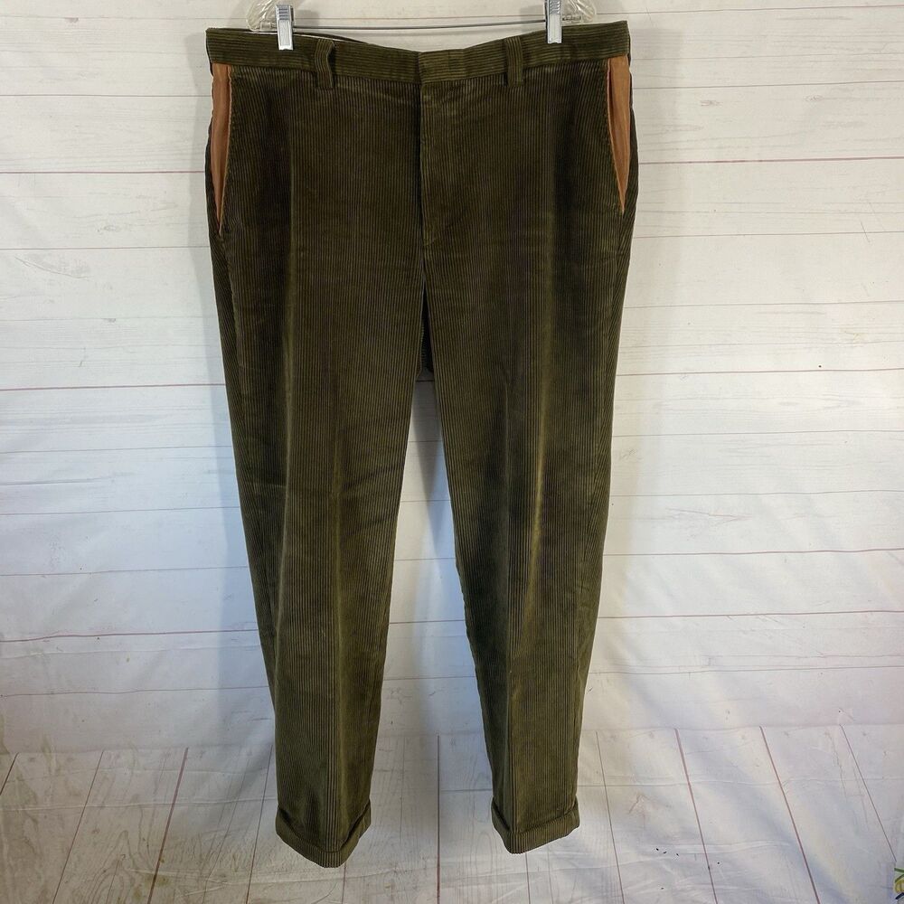 Orvis Men Brisbane Corduroy Pants Sz 40 Green Leather Trim Pockets Cuffed 40x30